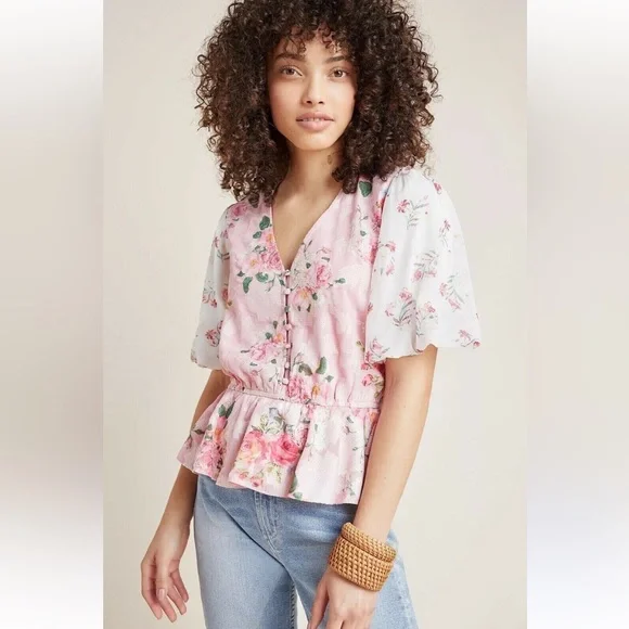 Anthropologie HEMANT & NANDITA FLORAL Romancecore Puff Sleeve BLOUSE - Picture 2 of 6